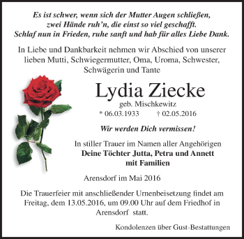 Traueranzeige von Lydia Ziecke von Mitteldeutsche Zeitung Köthen