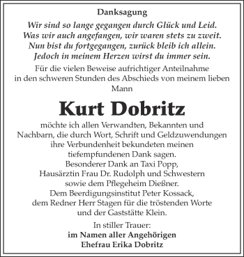 Traueranzeige von Kurt Dobritz von WVG - Wochenspiegel Dessau / Köthen