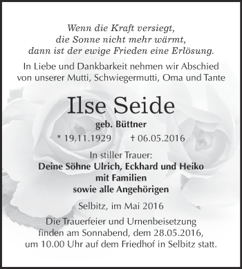 Traueranzeige von Ilse Seide von WVG - Wochenspiegel Wittenberg
