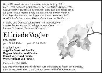 Traueranzeige von Elfriede Vogler von Mitteldeutsche Zeitung Sangerhausen