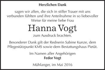 Traueranzeige von Hanna Vogt von Super Sonntag Wittenberg