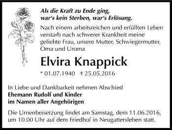 Traueranzeige von Elvira Knappick von Mitteldeutsche Zeitung Bernburg