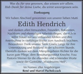 Traueranzeige von Edith Hendrich von Super Sonntag Aschersleben