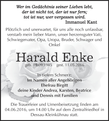 Traueranzeige von Harald Enke von WVG - Wochenspiegel Dessau / Köthen
