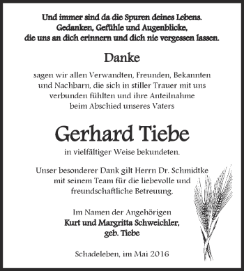 Traueranzeige von Gerhard Tiebe von Super Sonntag Aschersleben