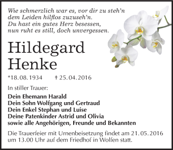 Traueranzeige von Hildegard Henke von Mitteldeutsche Zeitung Bitterfeld