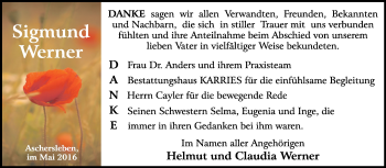 Traueranzeige von Sigmund Werner von WVG - Wochenspiegel Quedlinburg