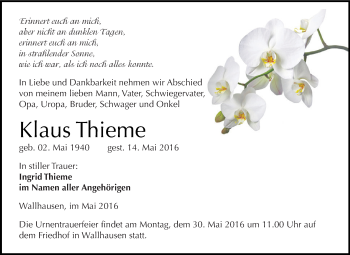 Traueranzeige von Klaus Thieme von Super Sonntag SGH Mansf. Land