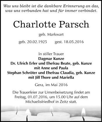 Traueranzeige von Charlotte Parsch von Mitteldeutsche Zeitung Zeitz