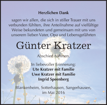 Traueranzeige von Günter Kratzer von Mitteldeutsche Zeitung Sangerhausen