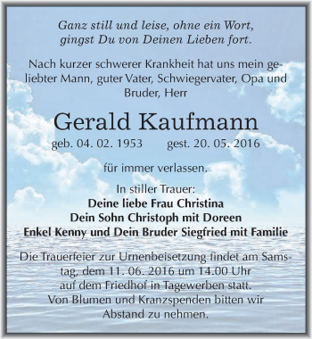 Traueranzeige von Gerald Kaufmann von Mitteldeutsche Zeitung Weißenfels
