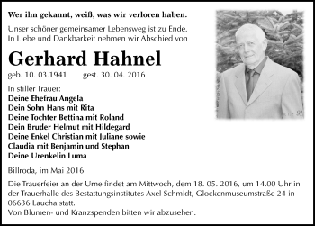 Traueranzeige von Gerhard Hahnel von Mitteldeutsche Zeitung Naumburg/Nebra
