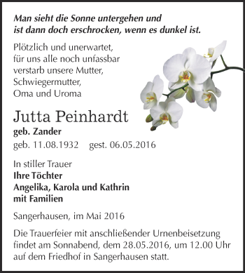 Traueranzeige von Jutta Peinhardt von Super Sonntag SGH Mansf. Land