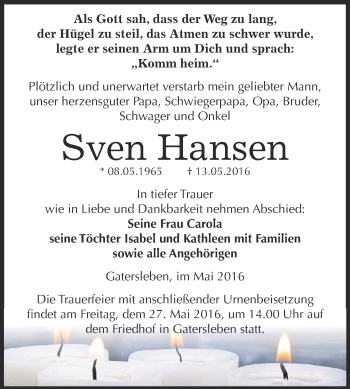 Traueranzeige von Sven Hansen von Super Sonntag Aschersleben