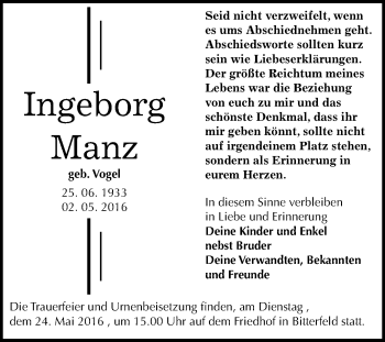 Traueranzeige von Ingeborg Manz von WVG - Wochenspiegel Bitterfeld