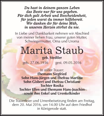 Traueranzeige von Marita Staub von WVG - Wochenspiegel Quedlinburg