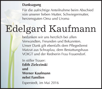 Traueranzeige von Edelgard Kaufmann von Mitteldeutsche Zeitung Merseburg/Querfurt