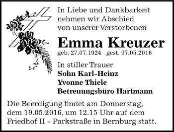 Traueranzeige von Emma Kreuzer von Mitteldeutsche Zeitung Bernburg