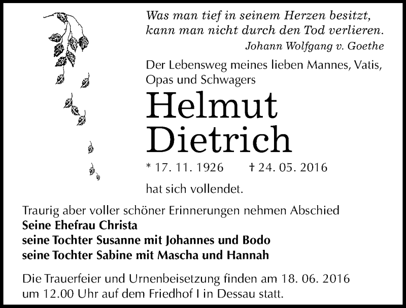  Traueranzeige für Helmut Dietrich vom 28.05.2016 aus Mitteldeutsche Zeitung Dessau-Roßlau