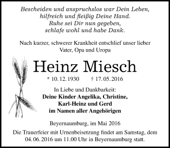 Traueranzeige von Heinz Miesch von Mitteldeutsche Zeitung Sangerhausen