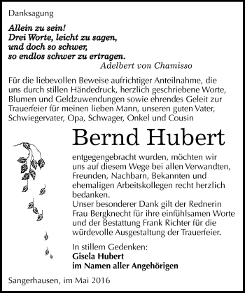 Traueranzeige von Bernd Hubert von Mitteldeutsche Zeitung Sangerhausen