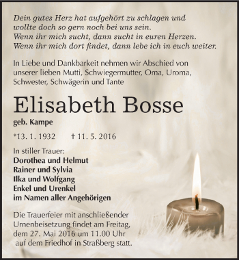Traueranzeige von Elisabeth Bosse von Mitteldeutsche Zeitung Quedlinburg