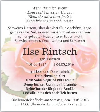 Traueranzeige von Ilse Rintsch von Super Sonntag Wittenberg