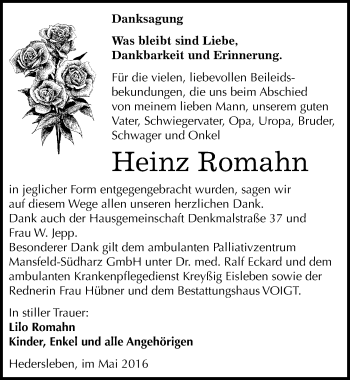 Traueranzeige von Heinz Romahn von Mitteldeutsche Zeitung Mansfelder Land