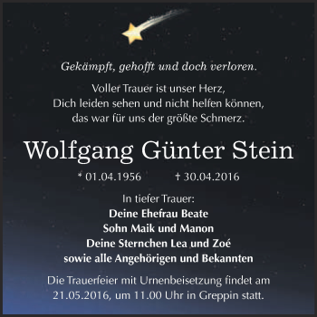 Traueranzeige von Wolfgang Günter Stein von WVG - Wochenspiegel Bitterfeld
