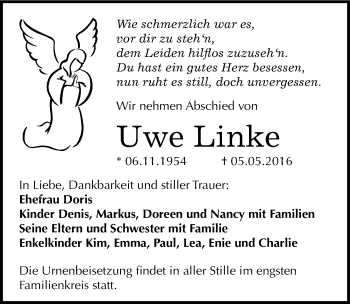 Traueranzeige von Uwe Linke von Mitteldeutsche Zeitung Bitterfeld