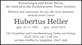 Traueranzeige von Hubertus Heller von Super Sonntag Wittenberg