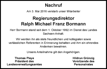 Traueranzeige von Ralph Michael Franz Bormann von Mitteldeutsche Zeitung Halle/Saalkreis