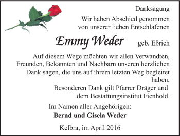 Traueranzeige von Emmy Weder von Mitteldeutsche Zeitung Sangerhausen