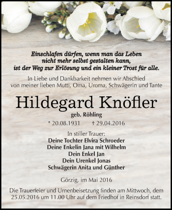 Traueranzeige von Hildegard Knöfler von WVG - Wochenspiegel Dessau / Köthen