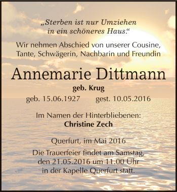 Traueranzeige von Annemarie Dittmann von Mitteldeutsche Zeitung Merseburg/Querfurt