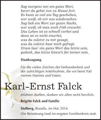 Traueranzeige von Karl-Ernst Falck von Mitteldeutsche Zeitung Sangerhausen