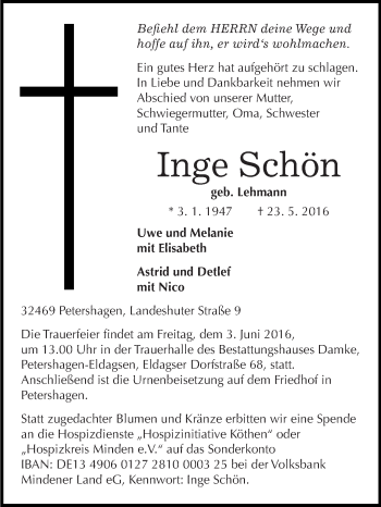 Traueranzeige von Inge Schön von WVG - Wochenspiegel Dessau / Köthen