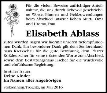 Traueranzeige von Elisabeth Ablass von Mitteldeutsche Zeitung Zeitz