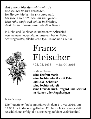 Traueranzeige von Franz Fleischer von Mitteldeutsche Zeitung Naumburg/Nebra