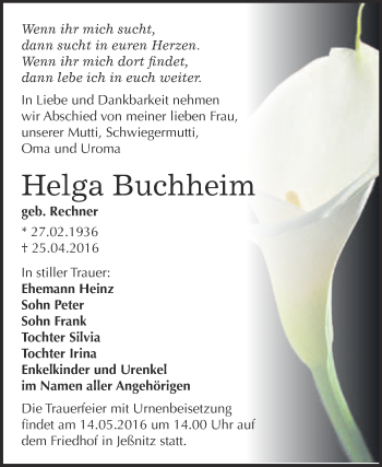 Traueranzeige von Helga Buchheim von WVG - Wochenspiegel Bitterfeld