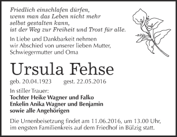Traueranzeige von Ursula Fehse von Super Sonntag Wittenberg