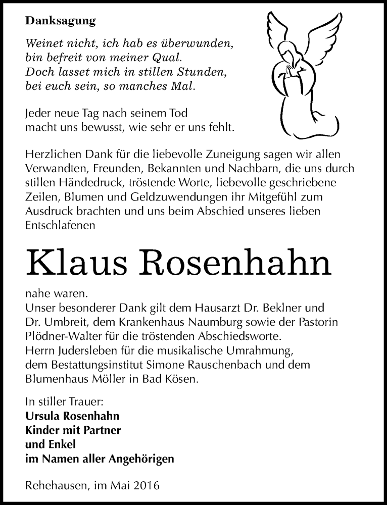  Traueranzeige für Klaus Rosenhahn vom 27.05.2016 aus Mitteldeutsche Zeitung Naumburg/Nebra