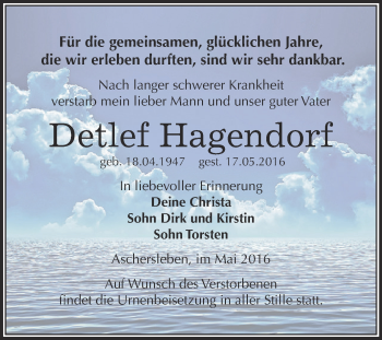 Traueranzeige von Detlef Hagendorf von Super Sonntag Aschersleben