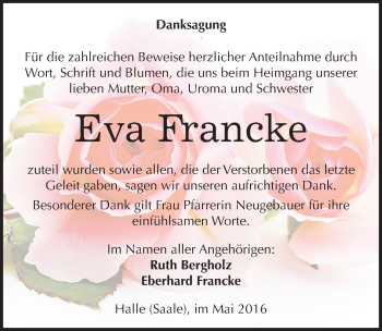 Traueranzeige von Eva Francke von Mitteldeutsche Zeitung Halle/Saalkreis