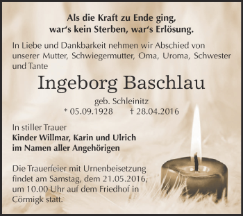 Traueranzeige von Ingeborg Baschlau von Super Sonntag Bernburg