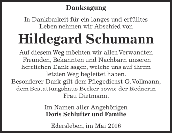 Traueranzeige von Hildegard Schumann von Super Sonntag SGH Mansf. Land