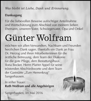 Traueranzeige von Günter Wolfram von Super Sonntag SGH Mansf. Land