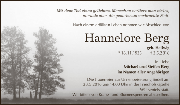 Traueranzeige von Hannelore Berg von WVG - Wochenspiegel NMB / WSF / ZTZ