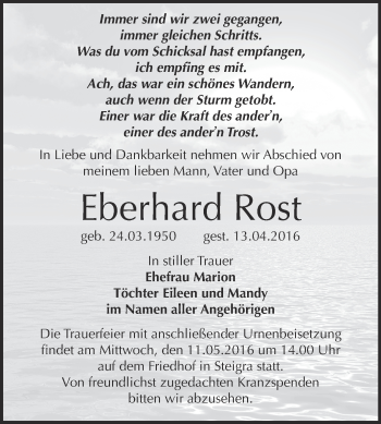 Traueranzeige von Eberhard Rost von WVG - Wochenspiegel Merseburg