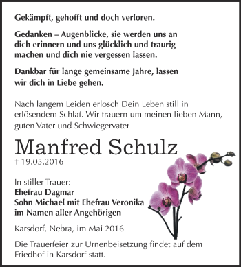 Traueranzeige von Manfred Schulz von WVG - Wochenspiegel NMB / WSF / ZTZ